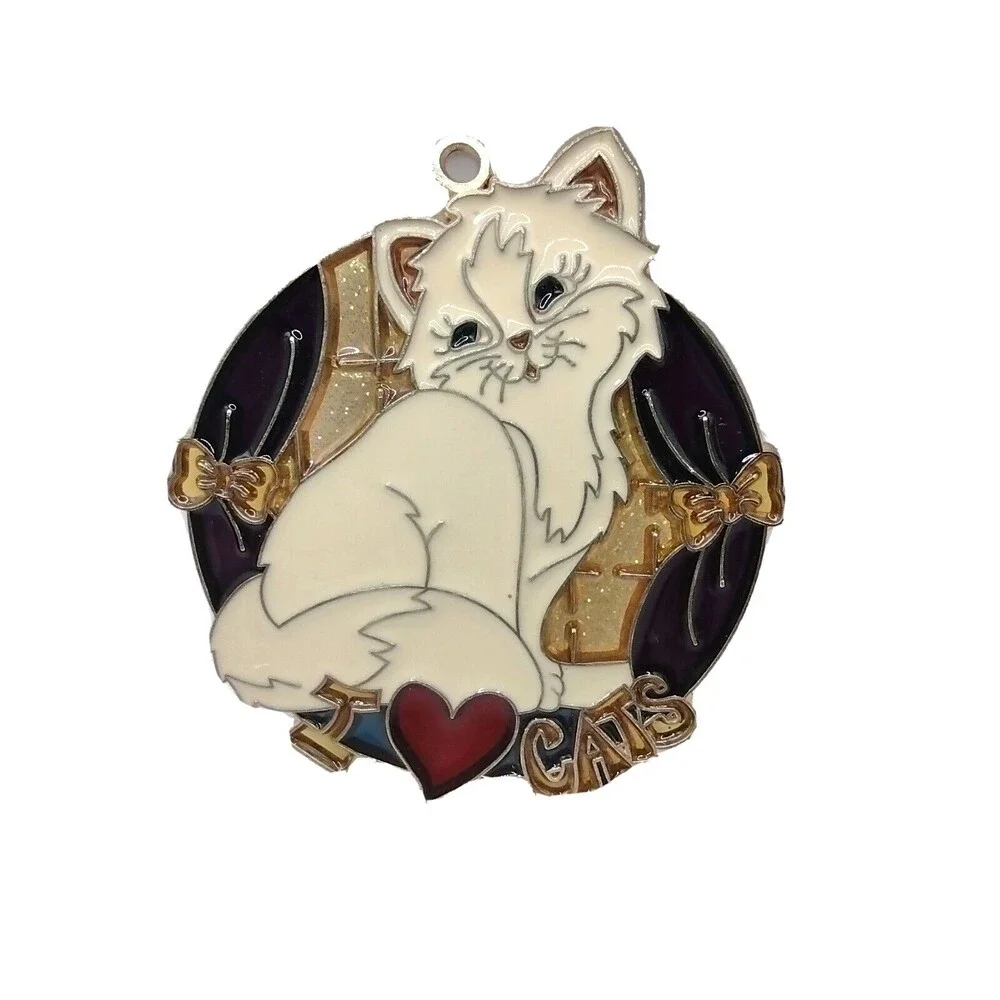 Vtg Persian Cat Sun Catcher Faux Stained Glass Window Green Eyes I Love Cats 4